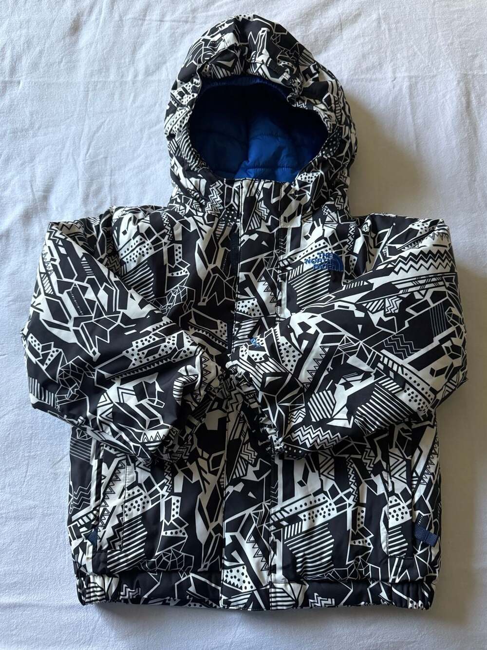 The North Face Toddler Reversible Puffer Jacket Black White Geometric Blue 3T